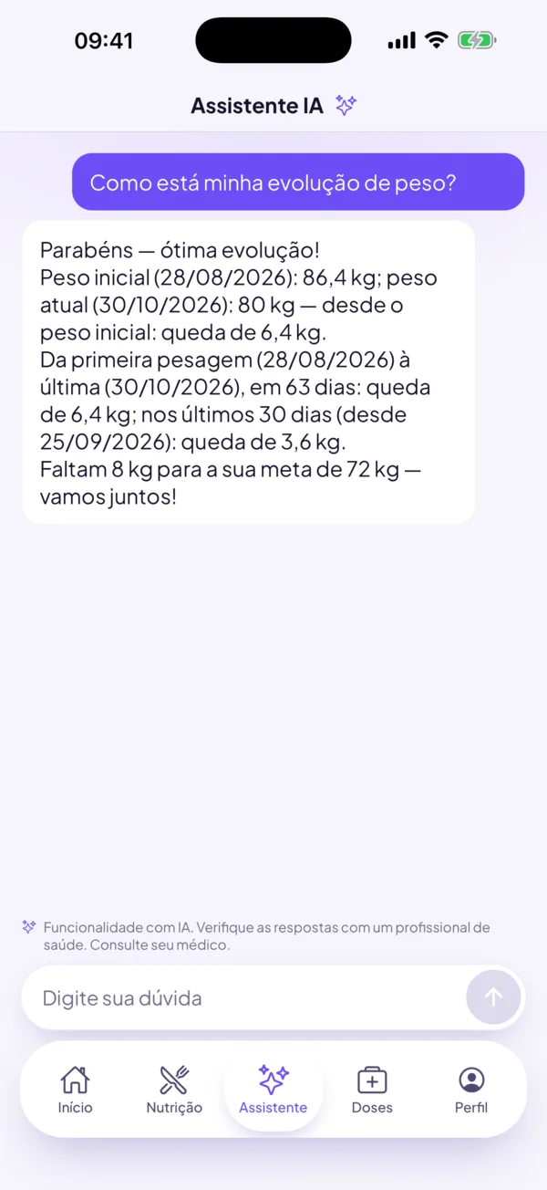 Assistente respondendo sobre a evolução do peso